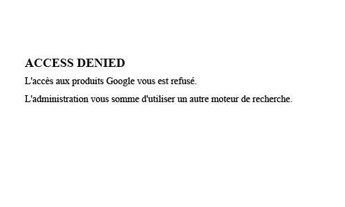 Accès refusé aux produits Google, l'administration vous somme d'utiliser un autre moteur de recherche.