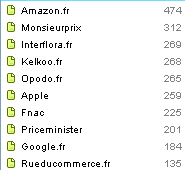 Amazon.fr (474), MonsieurPrix (312), Interflora.fr (269), Kelkoo (268), Opodo.fr (265), Apple (259), Fnac (225), Priceminister (201), Google.fr (184), Rueducommerce.fr (135).