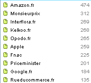 Amazon.fr (474), MonsieurPrix (312), Interflora.fr (269), Kelkoo (268), Opodo.fr (265), Apple (259), Fnac (225), Priceminister (201), Google.fr (184), Rueducommerce.fr (135). Amazon.fr (474), MonsieurPrix (312), Interflora.fr (269), Kelkoo (268), Opodo.fr (265), Apple (259), Fnac (225), Priceminister (201), Google.fr (184), Rueducommerce.fr (135).