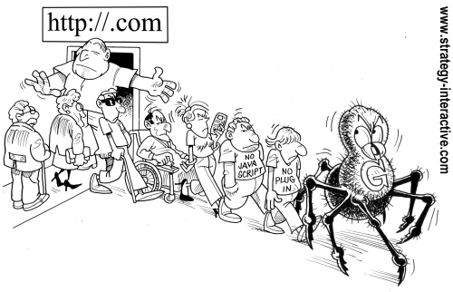 Dessin représentant les profils utilisateurs laissés à la porte par un site web non accessible. Dessin représentant les profils utilisateurs laissés à la porte par un site web non accessible.